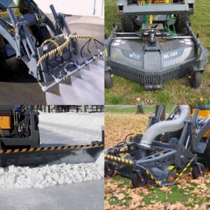 Collage of images containing Wille Attachments such as sprayer, rake, plow and leaf vacuum